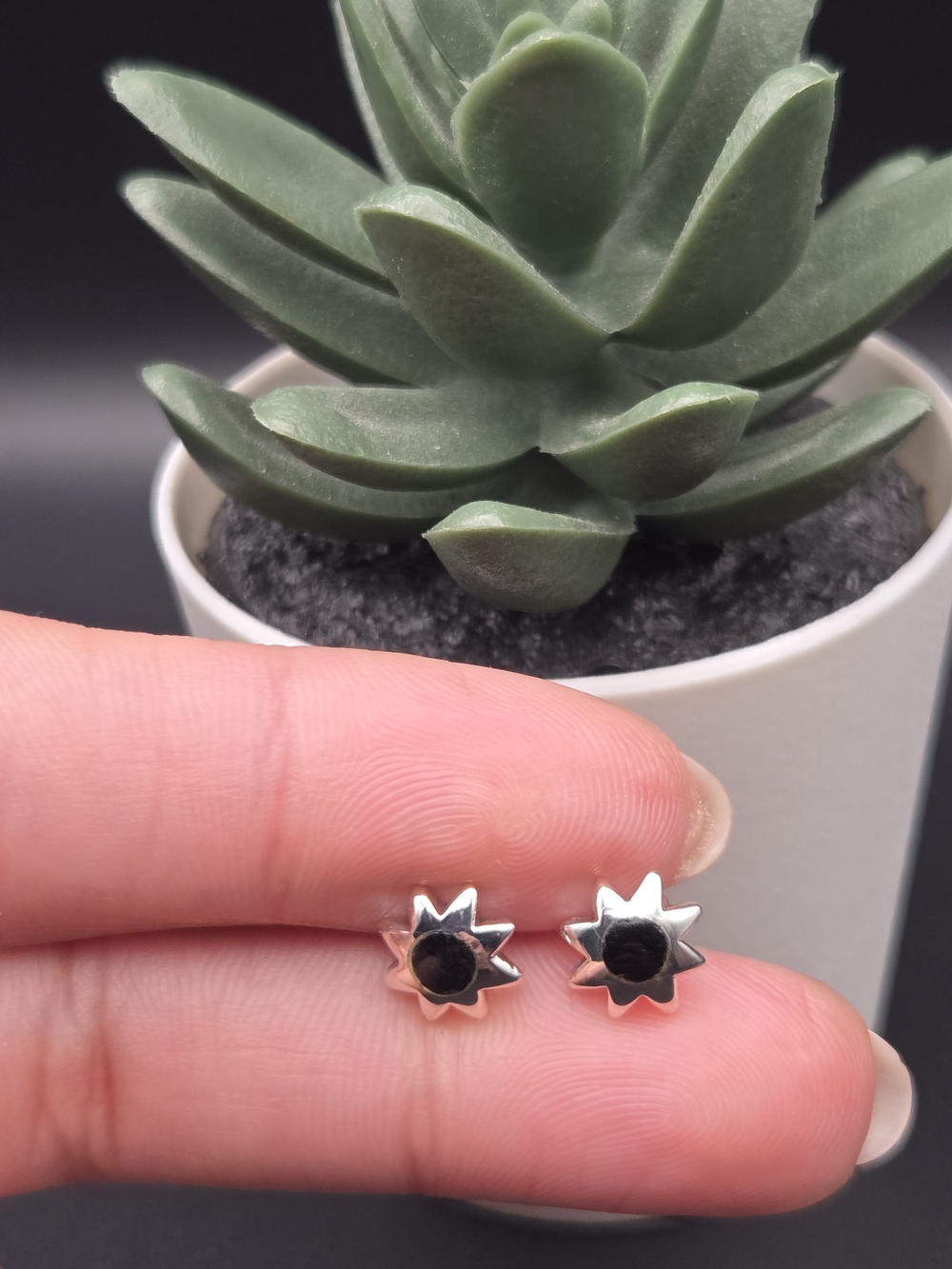 .925 Solid Sterling Silver Black Sunburst Stud Earrings -